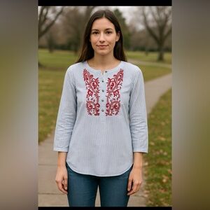Talbots XS Blue White Stripe Cotton Top Red Floral Embroidered Boho Blouse